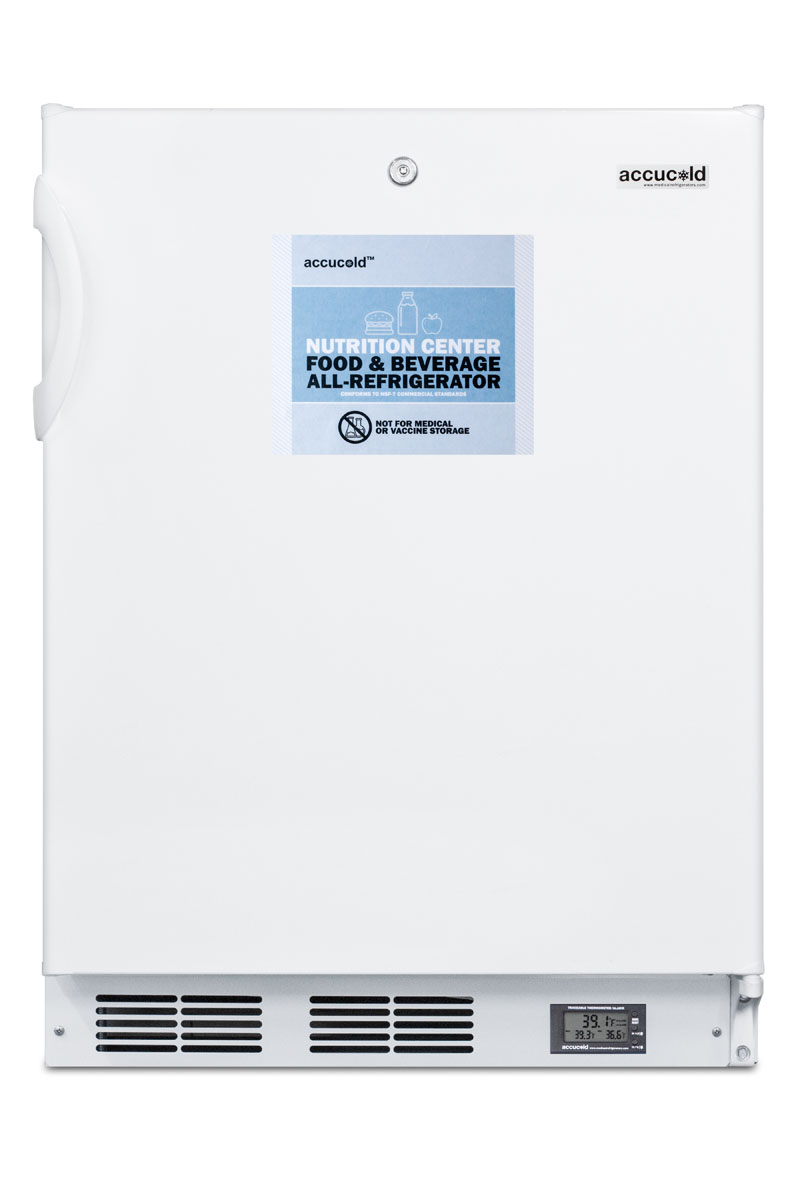 Commercially approved ADA compliant Nutrition Center series all-refrigerator in white for built-in or freestanding use, with front lock and digital temperature display